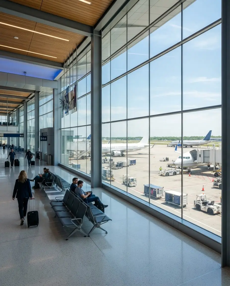 Modern U.S. airport terminal for American Airlines flight assistance