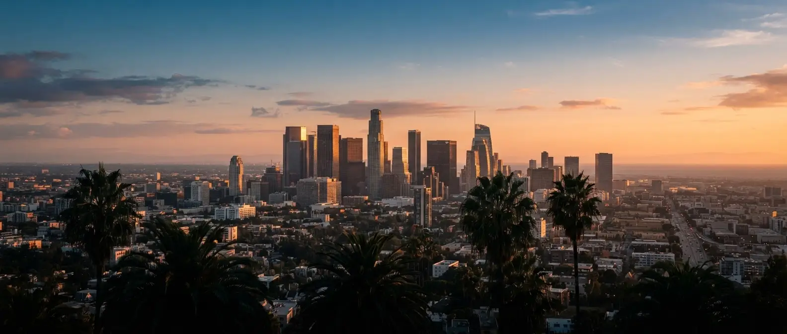 Los Angeles skyline at golden hour with palm trees in the foreground