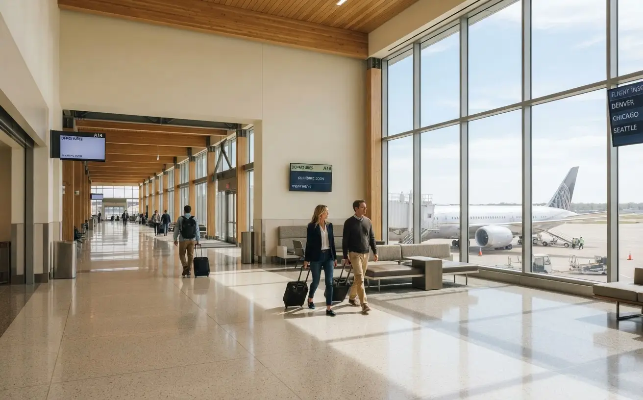 Modern U.S. airport departure terminal