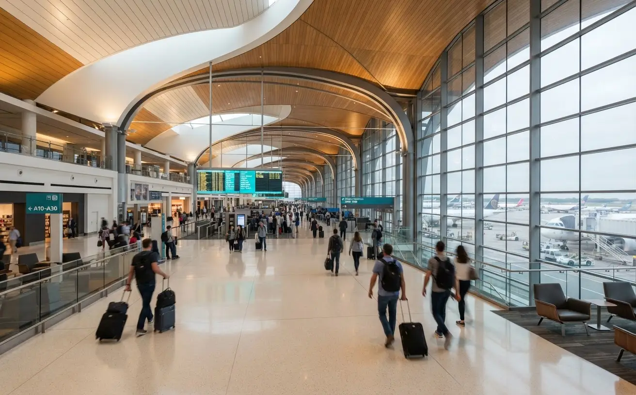 International airport departures hall with travelers