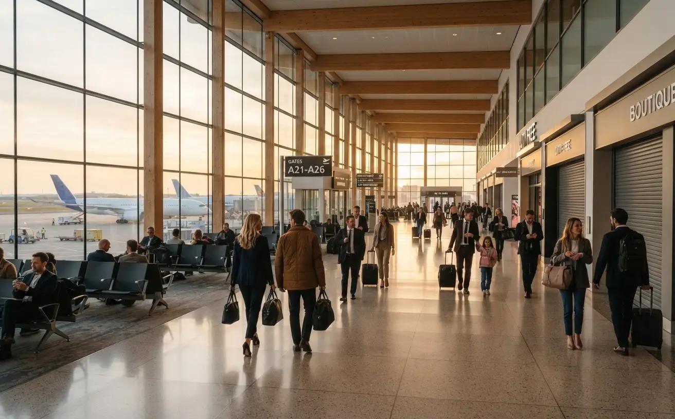 Premium airport departure scene with travelers