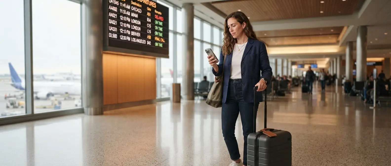 Traveler reviewing airport departure information in a modern terminal