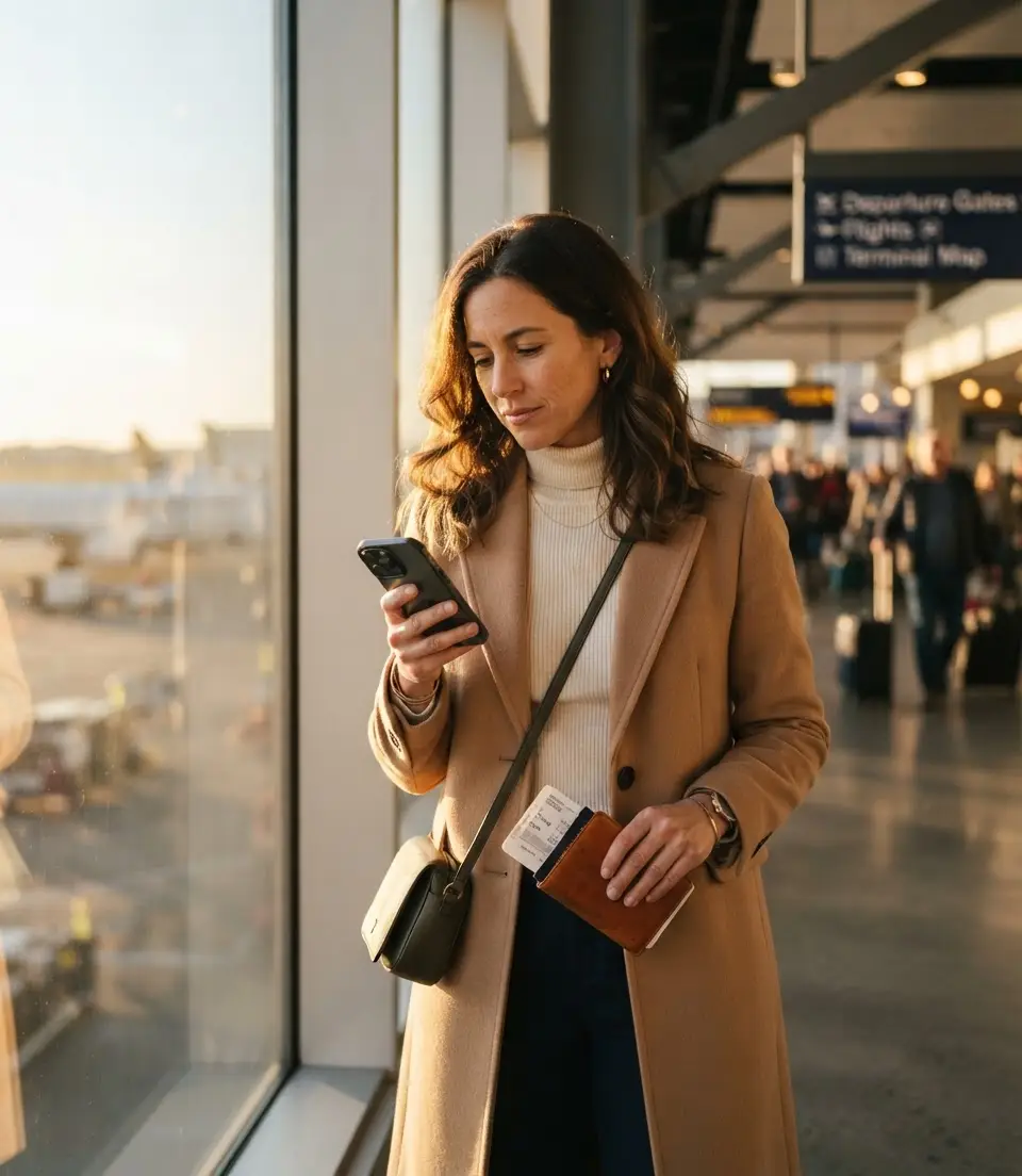 Traveler at airport reviewing flight change options on phone