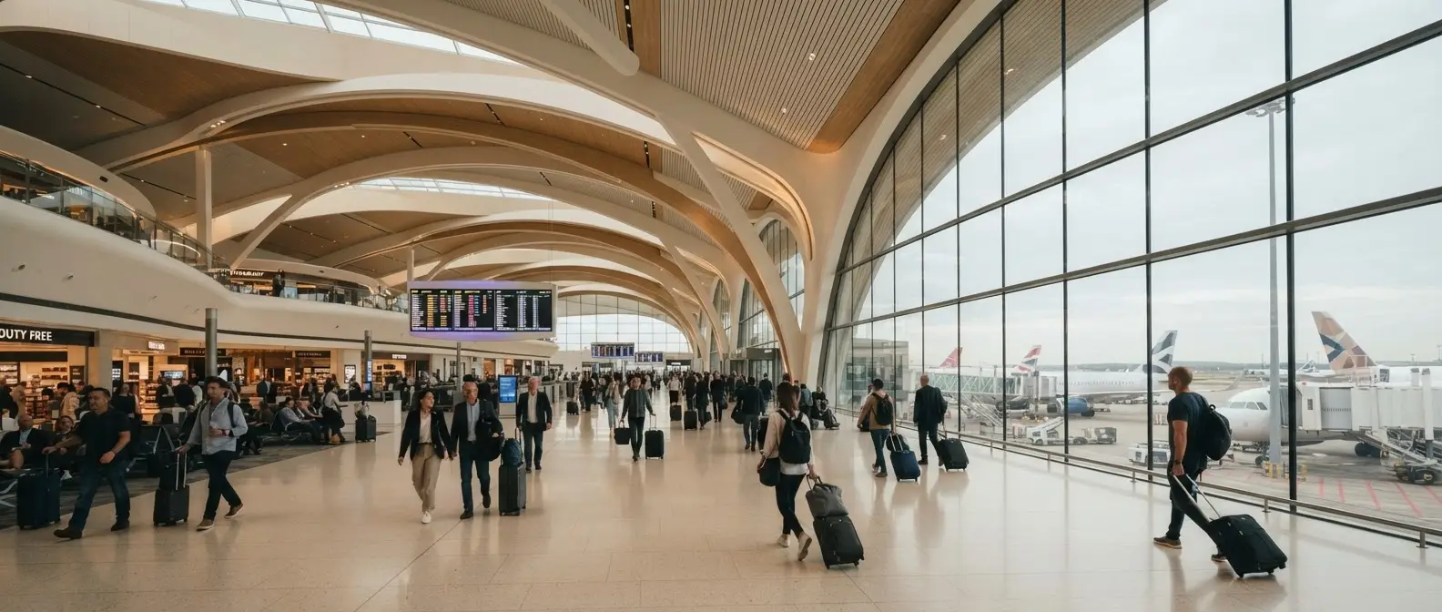International airport departures hall with travelers and flight information displays
