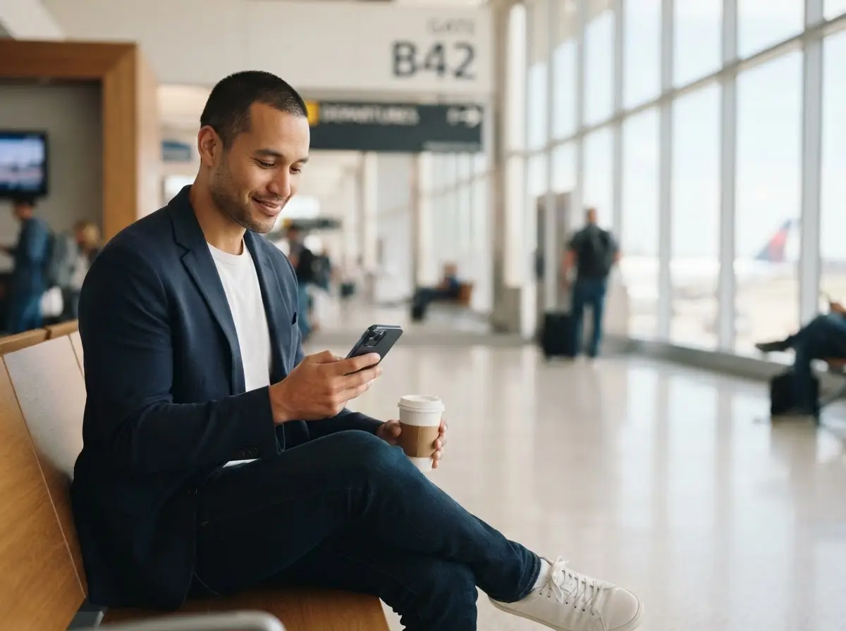 A U.S. traveler reviewing flight reservation information on a smartphone